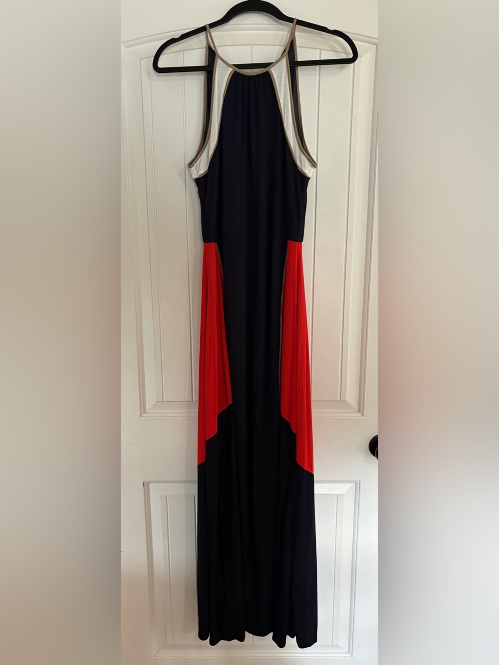 Ann Taylor Navy Maxi Dress with Red Panels and Tan Trim